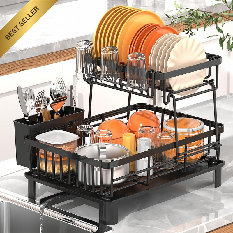 2 Pk Extendable Black Stainless Steel Dish Drying Rack w/Drainboard Utensil Hold