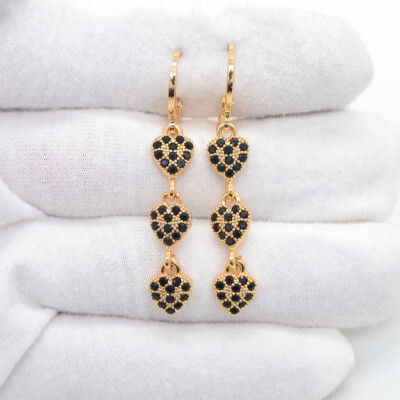 18K Yellow Gold Filled Women Black Mystic Topaz Love Hearts Dangle Earrings