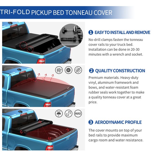 6FT Bed Soft Tonneau Cover For 2016-2023 Toyota Tacoma 3-Fold Truck Bed On Top