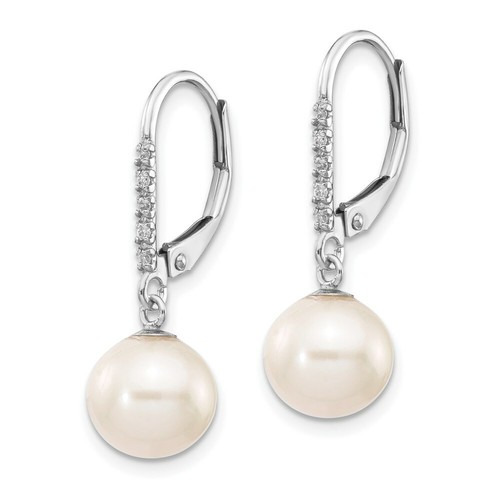 Pre-owned Versil 14k White Gold 8-9mm Round Fwc Pearl .05ct Diamond Leverback Earrings