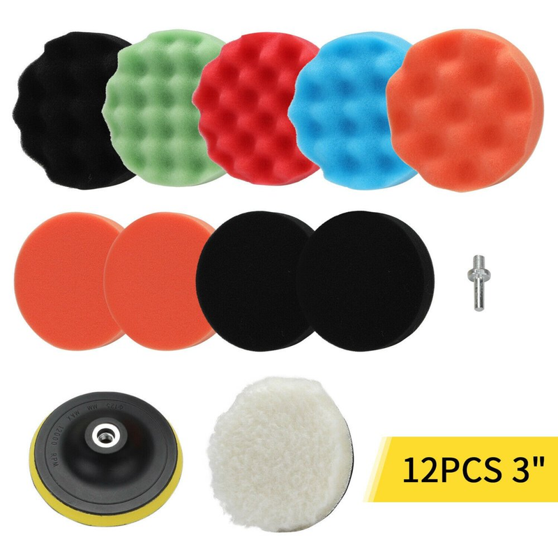 12X 3'' Gross Polishing Buffer Pad Sponge Kit Set Drill Adap