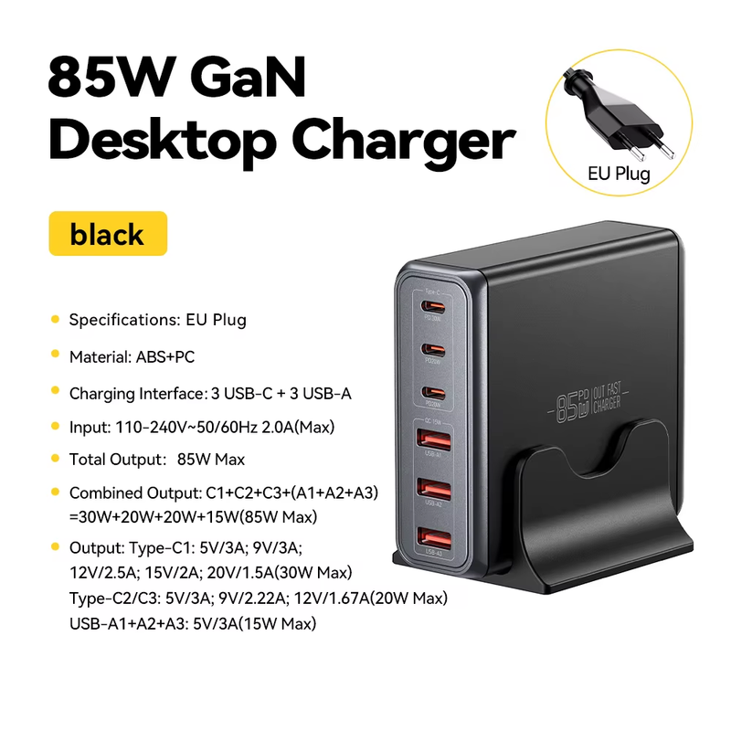 85W GaN Charger 6 Ports USB Type C Desktop Charger PD Fast Charging Station For