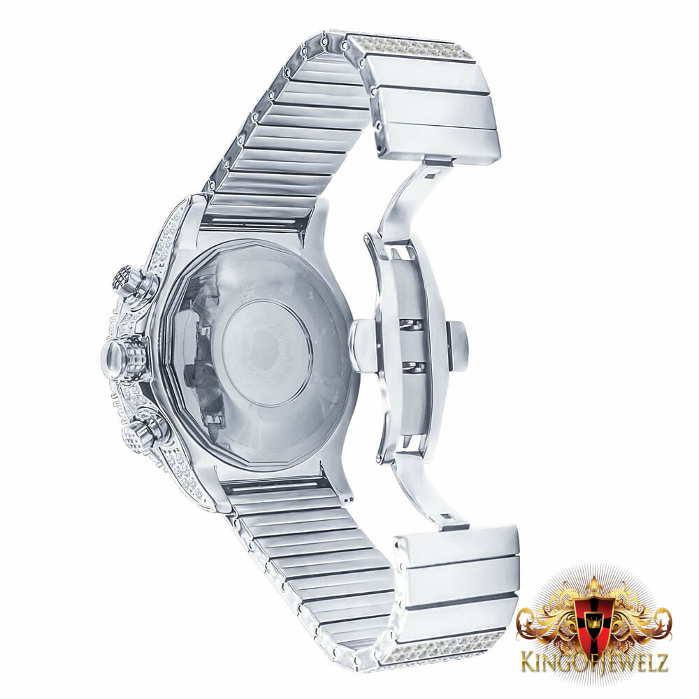 Pre-owned Blingmaster Solid Stainless Steel White Gold Tone Simulated Diamond 10 Row Band Watch 48mm