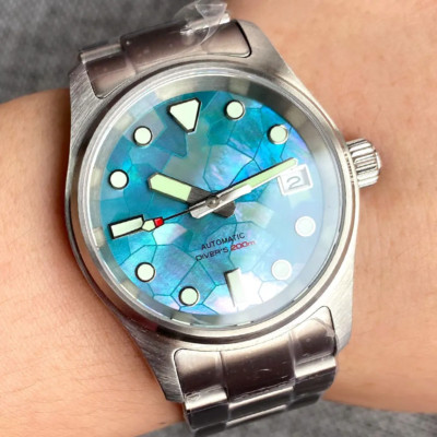 Pilot 36mm 200M Waterproof Sapphire NH35 Dive Steel Men Watch MOP Shell Dial New