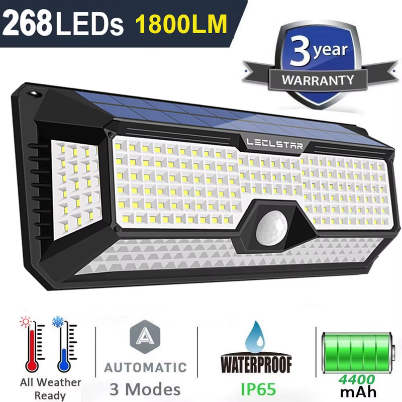 Solar Outdoor Lights - 268 LED Security Lights with 4 Wide Angle, Waterproof 3 M