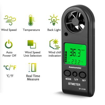 Mini LCD Wind Speed Gauge Air Velocity Meter Digital Anemometer NTC Thermometer