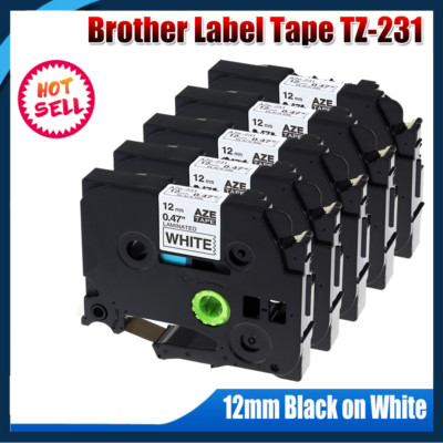 5 PK Brother P-Touch TZe-231 TZ-231 12mm Black on White Standard Laminated Tape