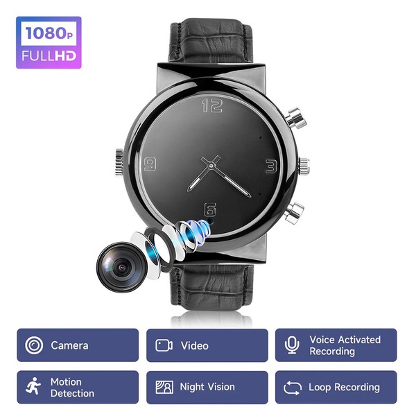 Black spy camera wristwatch with multiple functions