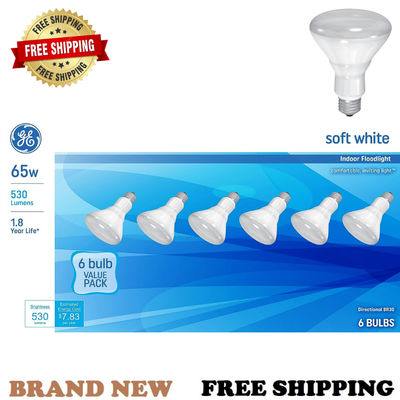 GE Incandescent Flood Light Bulbs, BR30 Flood Lights, 65-Watt, 615 Lumen 6 Packs