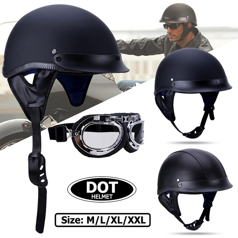 DOT Motorcycle German Black Leather Half Face Helmet or With Pilot Goggles M-XL