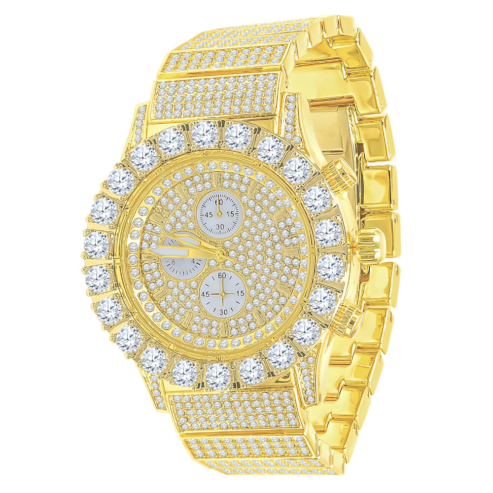 Pre-owned Blingmaster Men's Yellow Gold Tone Jojino Joe Rodeo Simulated Diamond 10 Row Band 48mm Watch