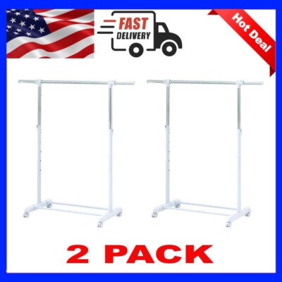 Heavy Clothes Hanger Adjustable Height Rolling Garment Rack Metal Chrome, 2 PACK