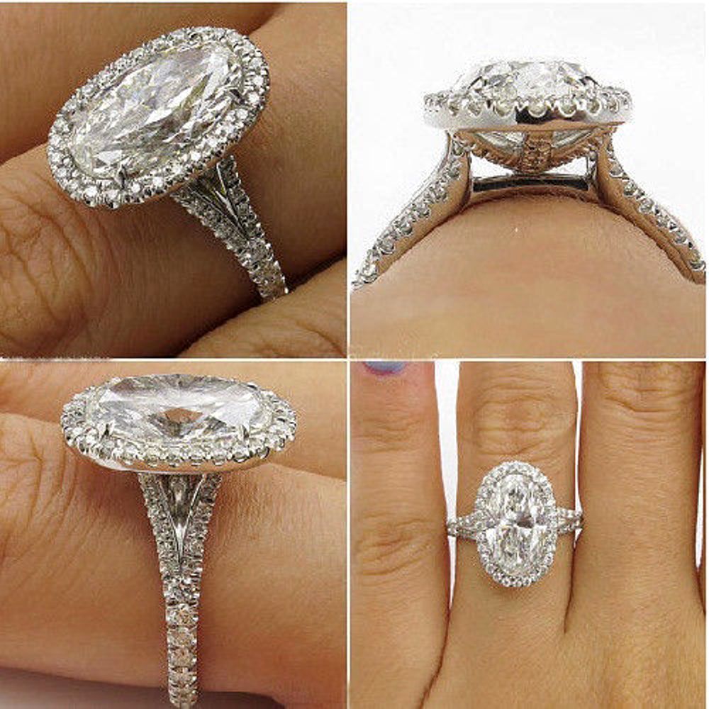 4Ct Lovely Oval Moissanite Halo Promise Engagement Ring Real 14K White Gold