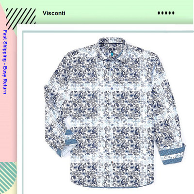 Visconti Paisley Long-Sleeve Woven Shirt Blue/White, XL
