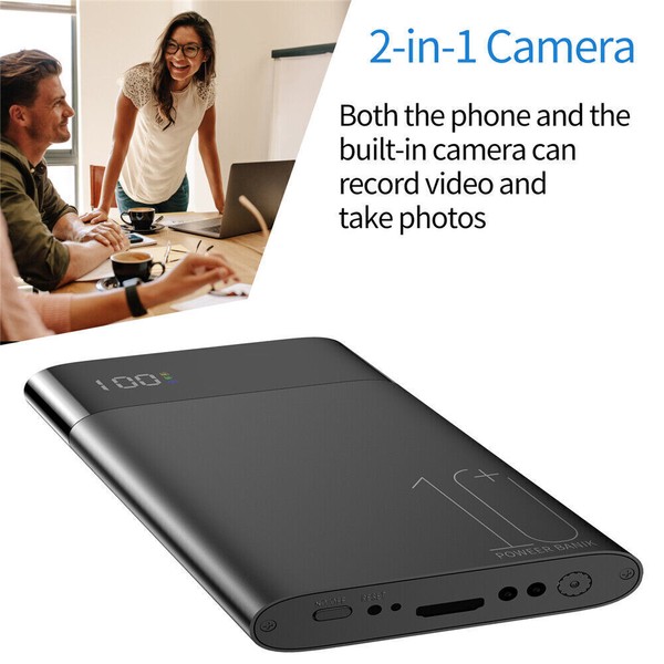 Portable power bank with integrated camera for photos/videos.