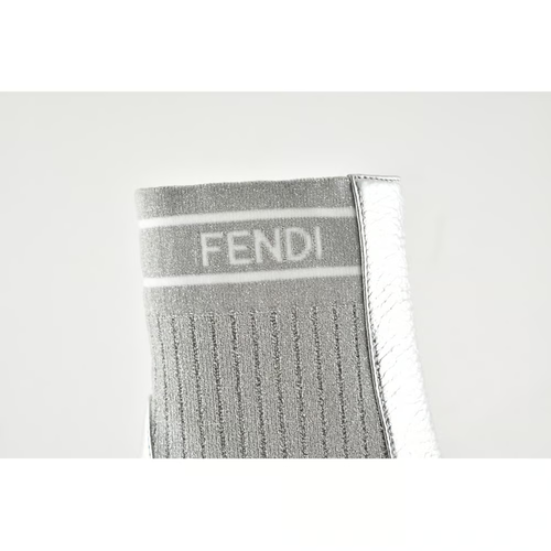Pre-owned Fendi Rockoko Silver Scuba Stretch Ff Logo Knit Sock Ankle Kitten Heel Boot 37.5