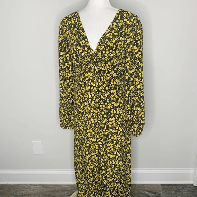 NWT TopShop Godet Twist Front Black Yellow Floral Front Slit Midi Dress