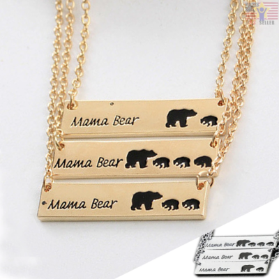Cute Love Mom Mama Baby Bear Bar Necklace Mother Grizzly for Mother's day gift