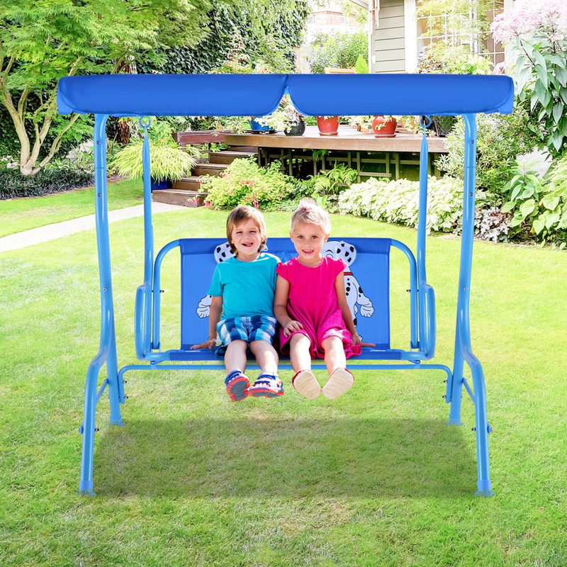 Blue Kids Patio Porch Bench Swing W/ Safety Belt Canopy Outdoor Furniture