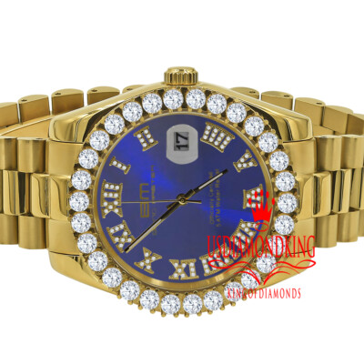 Pre-owned Bling Master Mens Solid Steel Blue Dial 18k Gold Simulated Diamonds Presidential Watch 42mm