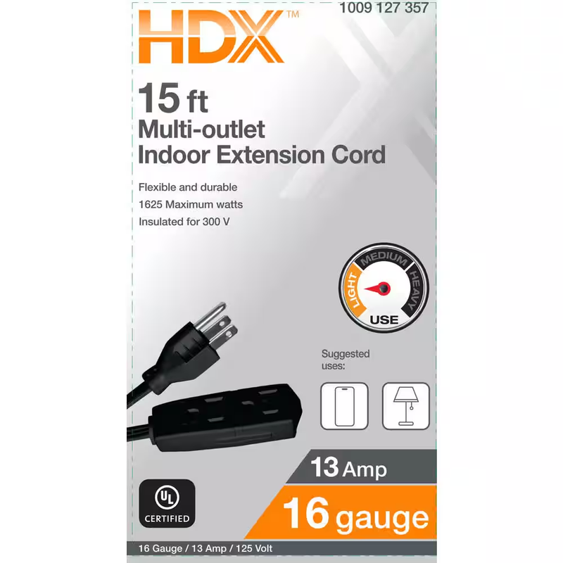 15 ft. 16/3 Light Duty Indoor Multi-Outlet Extension Cord with Banana Tap, Black