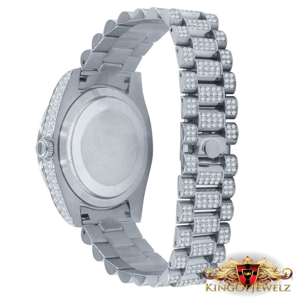 Pre-owned Bling Master 18k White Gold Finish Solid Stainless Steel Day Date Roman Dial Solitaire Bezel