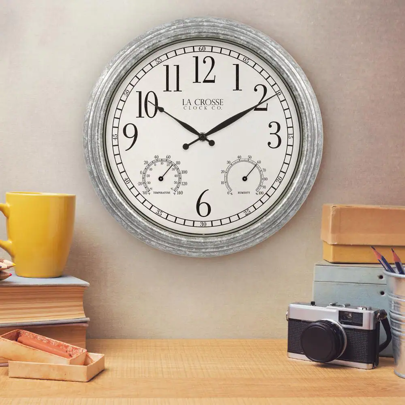 Galvanized Wall Clock Indoor/Outdoor Temperature Humidity Weather Resistant NEW