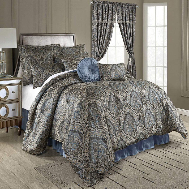 Full Queen Cal King Bed Blue Gold Silver Medallion Paisley 9-Piece Comforter Set