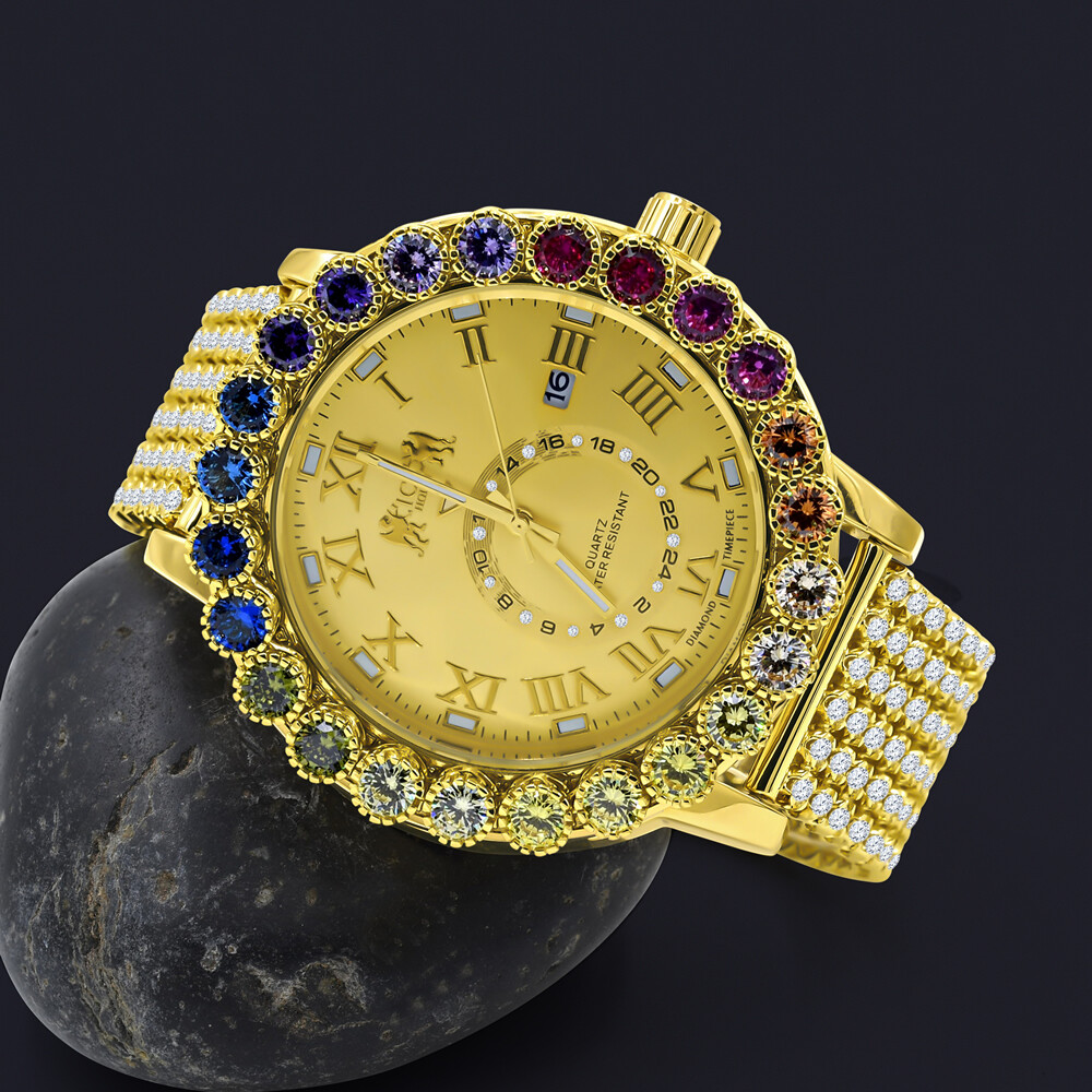 Pre-owned Ice House Rainbow Gold Multi Tone Prong Set Custom Time Piece Men's Custom Watch Xl 55mm