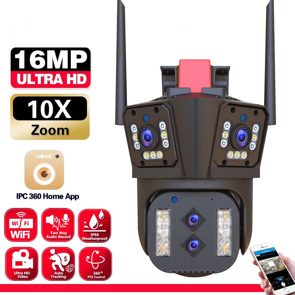 8K 16MP WIFI PTZ Security Camera Three-Screen 10X Zoom Outdoor IP Cam