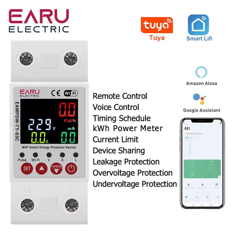 TUYA APP 2P 63A WiFi Smart Circuit Earth Leakage Over Under Voltage Protector Re