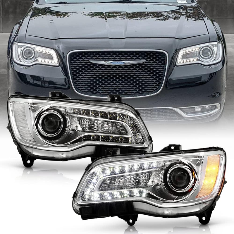 Chrome LED Headlights Pair Left Right for Halogen Type 2015-2023 Chrysler 300