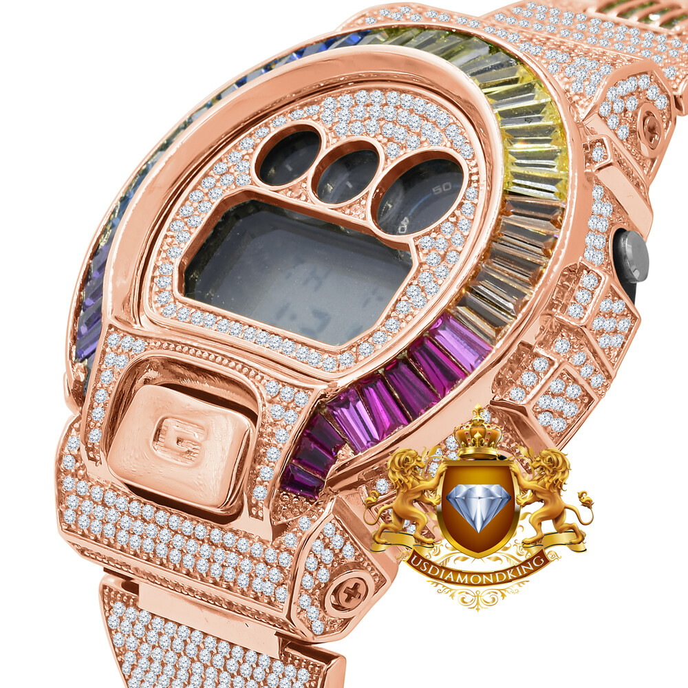 Pre-owned Usdiamondking Baguette Rainbow Multi Rose Gold Casio Shock Authentic Dw-6900 Custom Watch