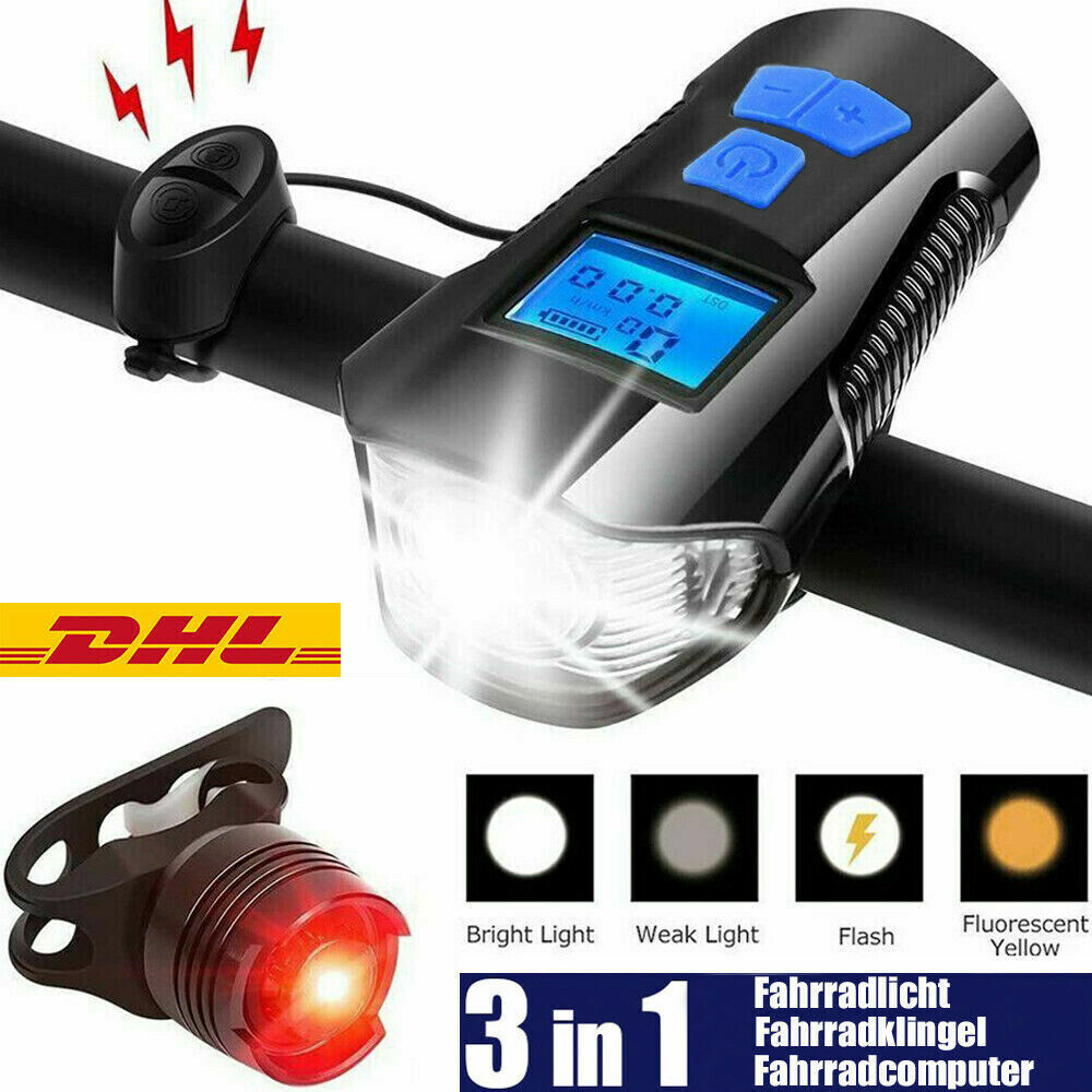 LED Fahrradlampe Odometer USB Akku Radlicht Fahrradlicht Vorne Hinten Lampe+Horn