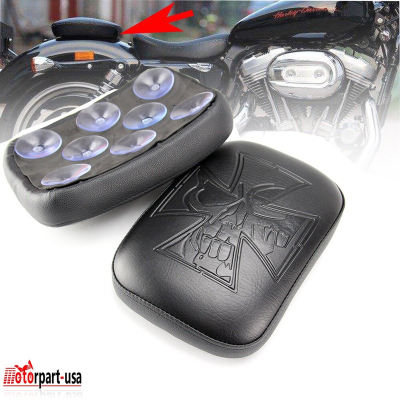 Black Leather Rear Passenger Seat Pad With 8 Suction Cups For Harley Bobber & Choppers 12 thumbnail image