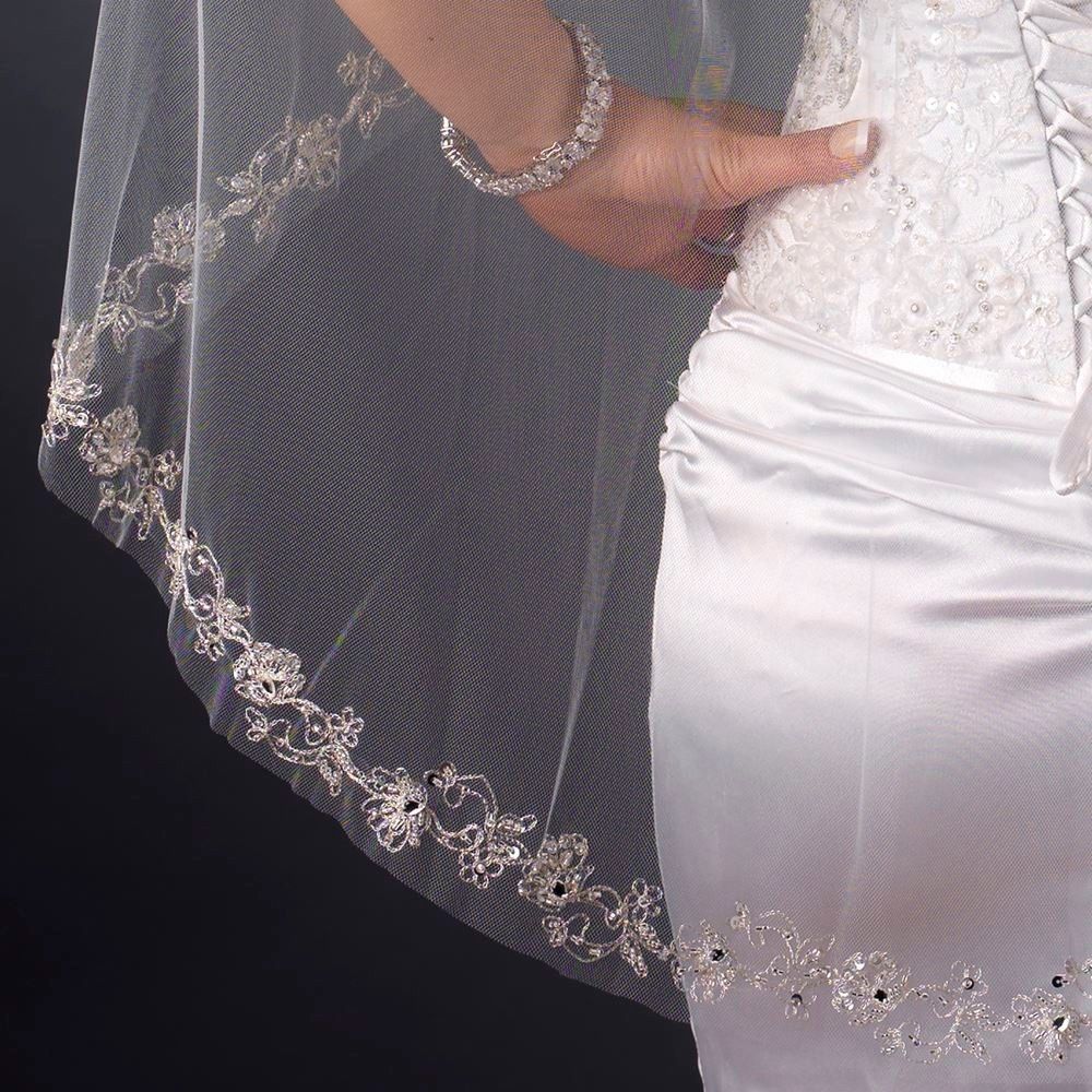 Ivory Single Fingertip Embroidered Floral Bugle Beaded Edge Bridal Veil DISCOUNT