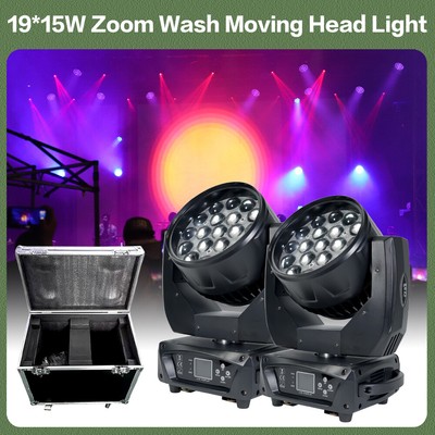 2PCS LED 19x15W Wash Zoom Moving Head Beam Light RGBW Party Light w/Flight Case