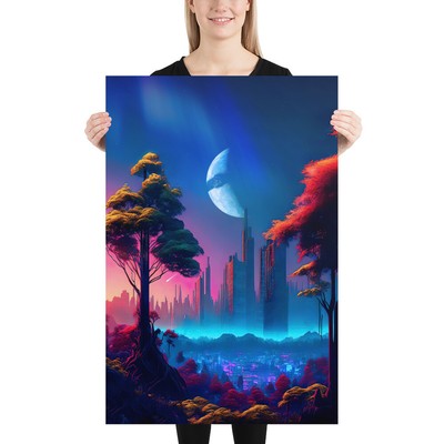 Neon cyberpunk city in a forest   surreal space collage art, cosmic futuristic