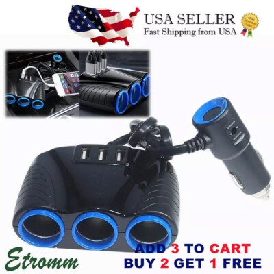 12V Car Cigarette Lighter Socket Splitter Outlet Power Adapter 3 USB Charger US 