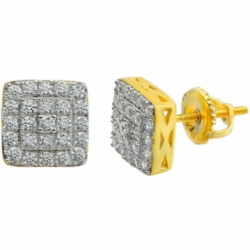 Pre-owned Silver 1.32ct Vvs Real Diamond Men's Solid 14k Yellow Gold Iced Hip Hop Square Earrings In White