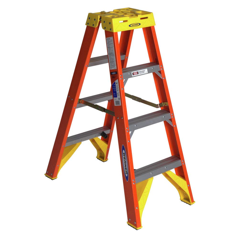 (T6204) Twin Step Ladder, Fiberglass, Orange, 4' Length, 19.