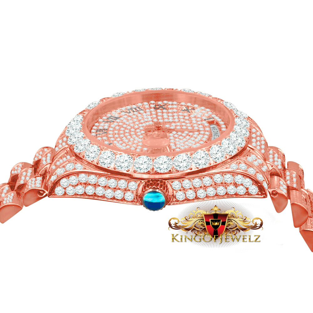 Pre-owned Bling Master 18k Rose Gold Finish Solid Stainless Steel Day & Date Roman Dial Solitaire Bezel