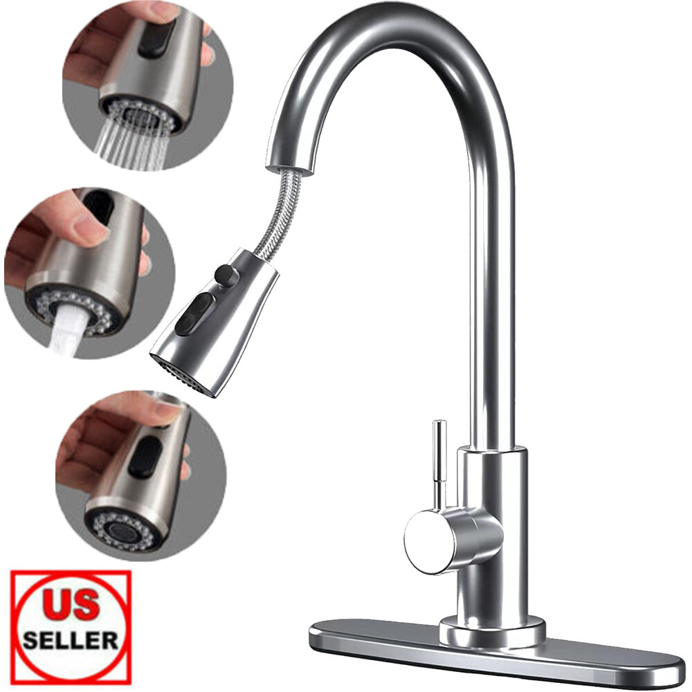 Kitchen Faucet Stainless Steel Sink Tap Single Handle Brushed Pull Out Sprayer