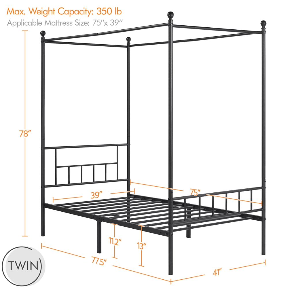 Metal Canopy Frame Four Poster Bed w/ Headboard and Footboard Black Twin Durable
