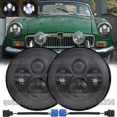 Fit MG MGB 1969-1981 Pair 7'' Round LED Headlights Black Hi-Lo Beam DOT Approved
