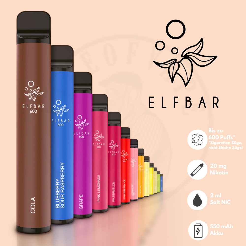 ELFBAR E-Zigarette E-Shisha 600 Zge mit 20mg Nikotin E-Liquid I Einweg Vape Set