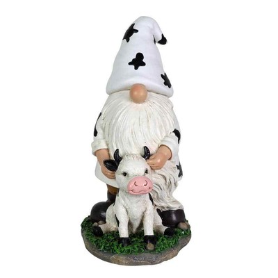 6.5''x10''Solar Cow Print Hat and Calf, Gnome Garden Statue