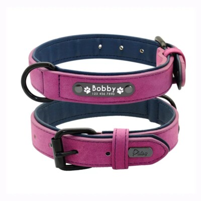 Personalized Soft Leather Dog Collar Custom Pet Name/Number Engraved SM-XL MD,LG