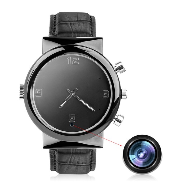 Elegant black wristwatch with hidden camera feature.