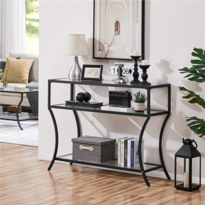 Console Table Glass Sofa Table with Shelves for Entryway Living Room Black